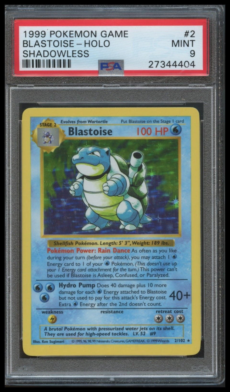 1999 Pokemon Game Blastoise Holo #2 Shadowless PSA 9