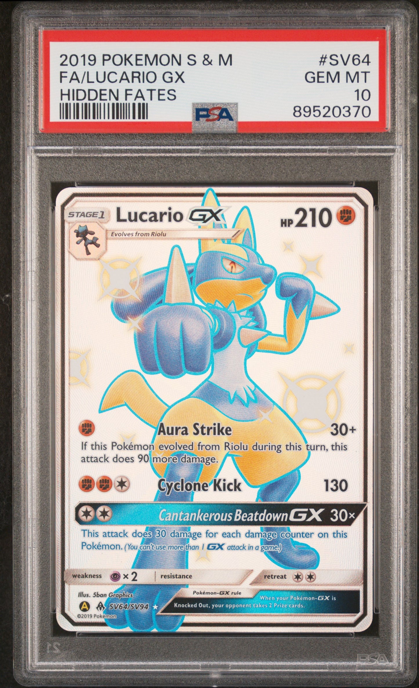 2019 Pokemon Sun & Moon Hidden Fates Fa/Lucario Gx #SV64 PSA 10