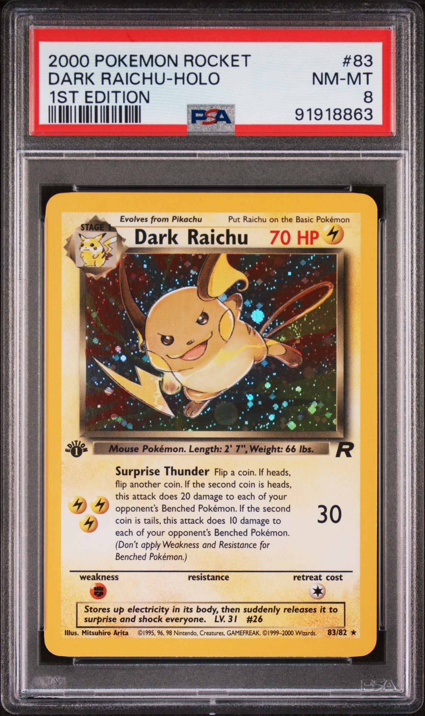 2000 Pokemon Rocket Dark Raichu Holo #83 1st Edition PSA 8