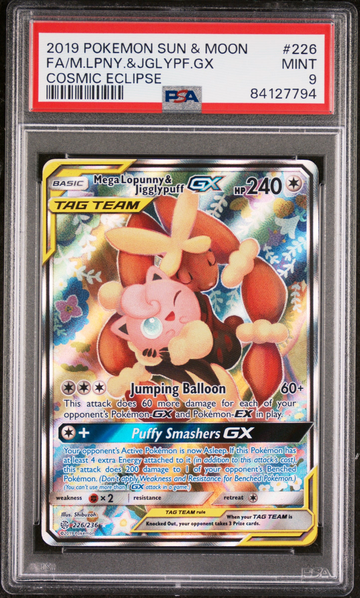 2019 Pokemon Sun & Moon Cosmic Eclipse Fa/M.Lpny.&Jglypf.Gx #226 PSA 9