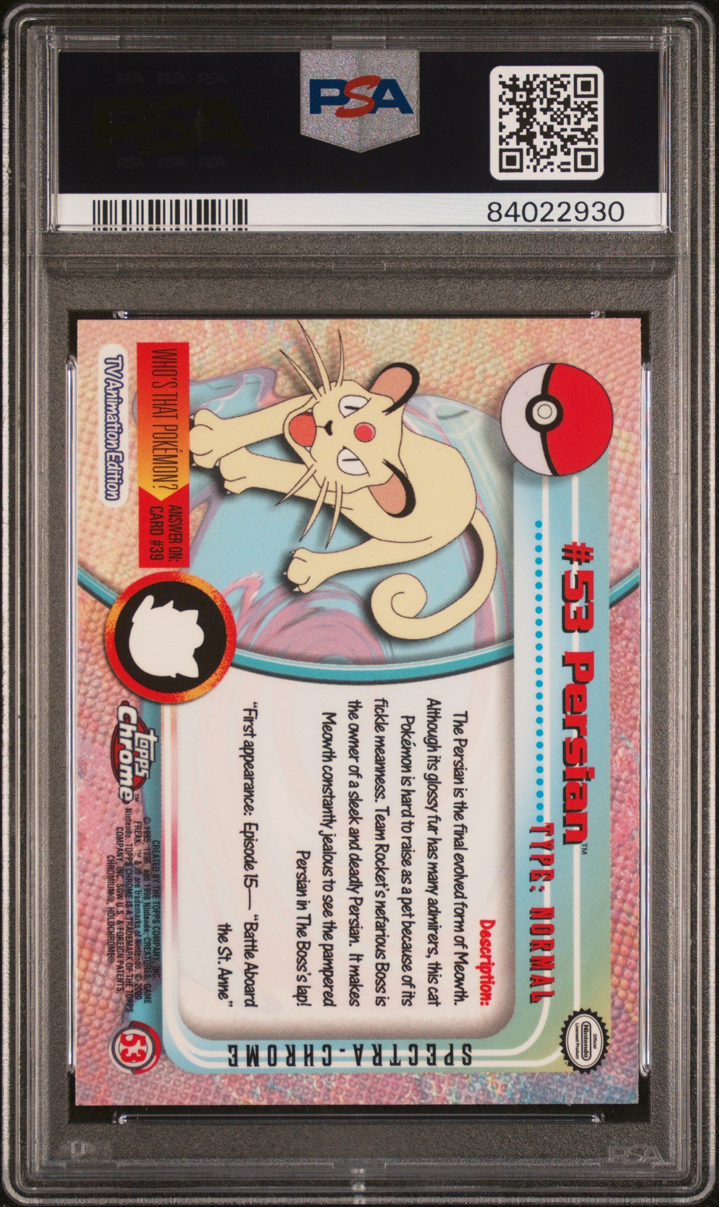 2000 Topps Chrome Pokemon T.V. Persian #53 Spectra PSA 10