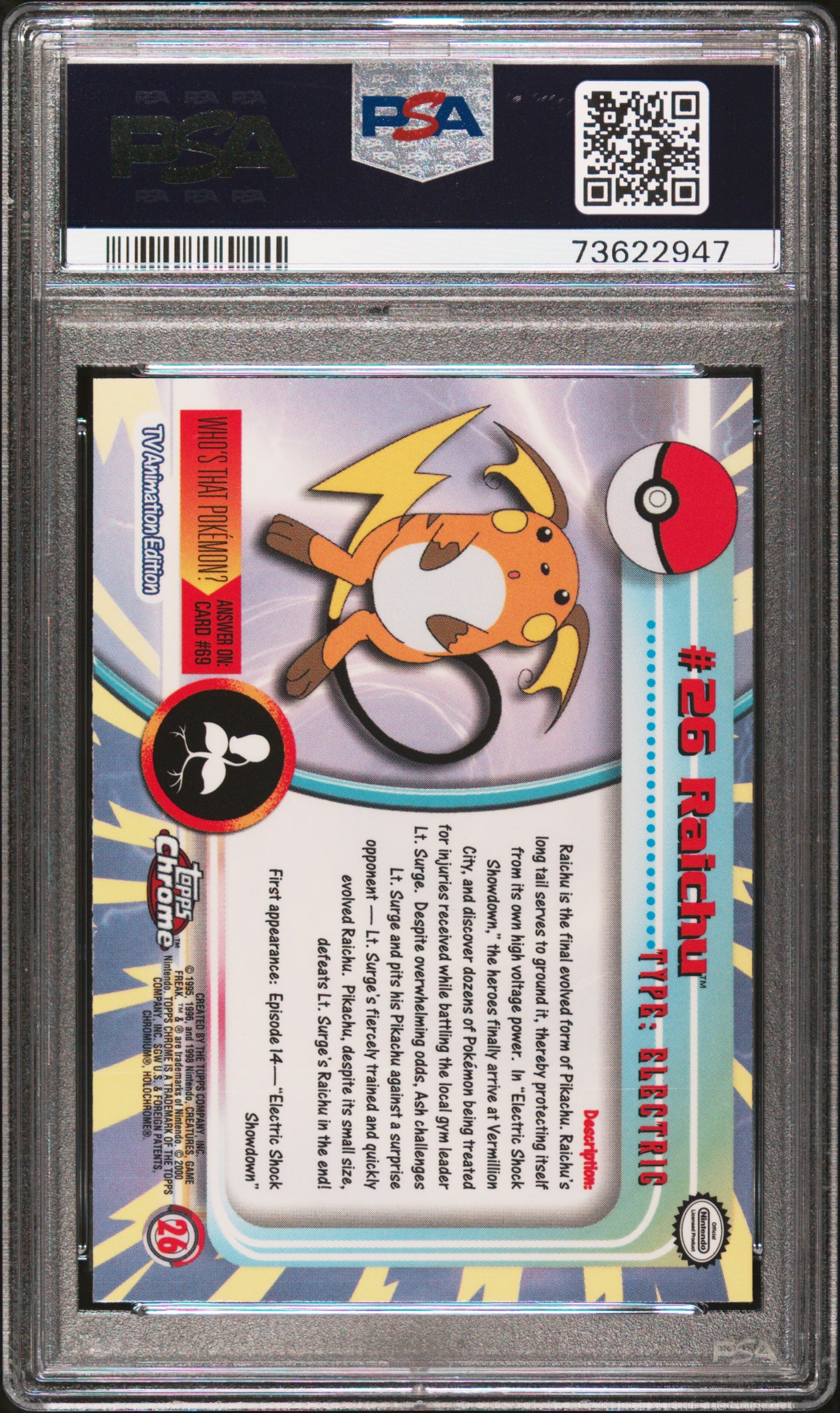2000 Topps Chrome Pokemon T.V. Raichu #26 PSA 10