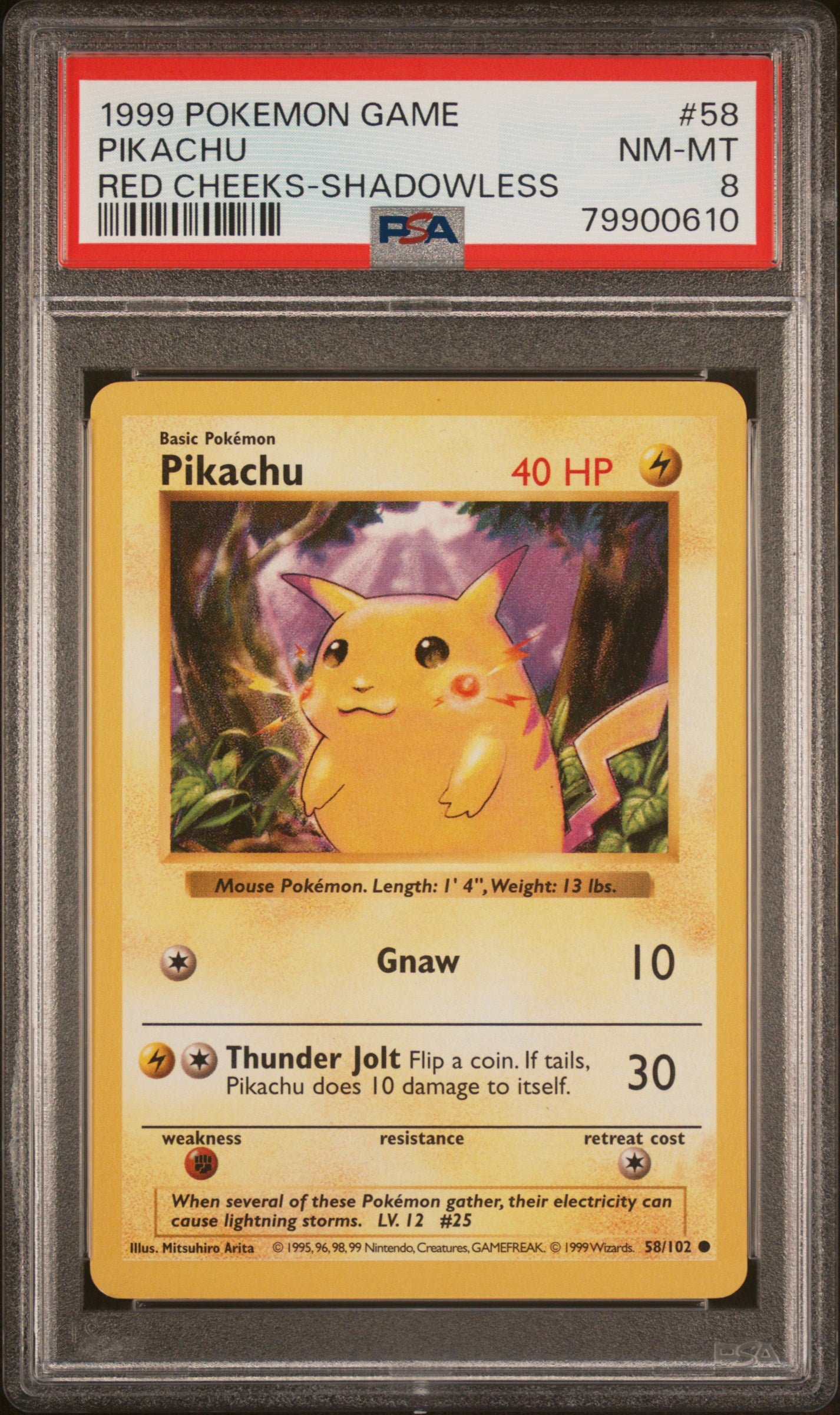1999 Pokemon Game Pikachu Red Cheeks #58 Shadowless PSA 8