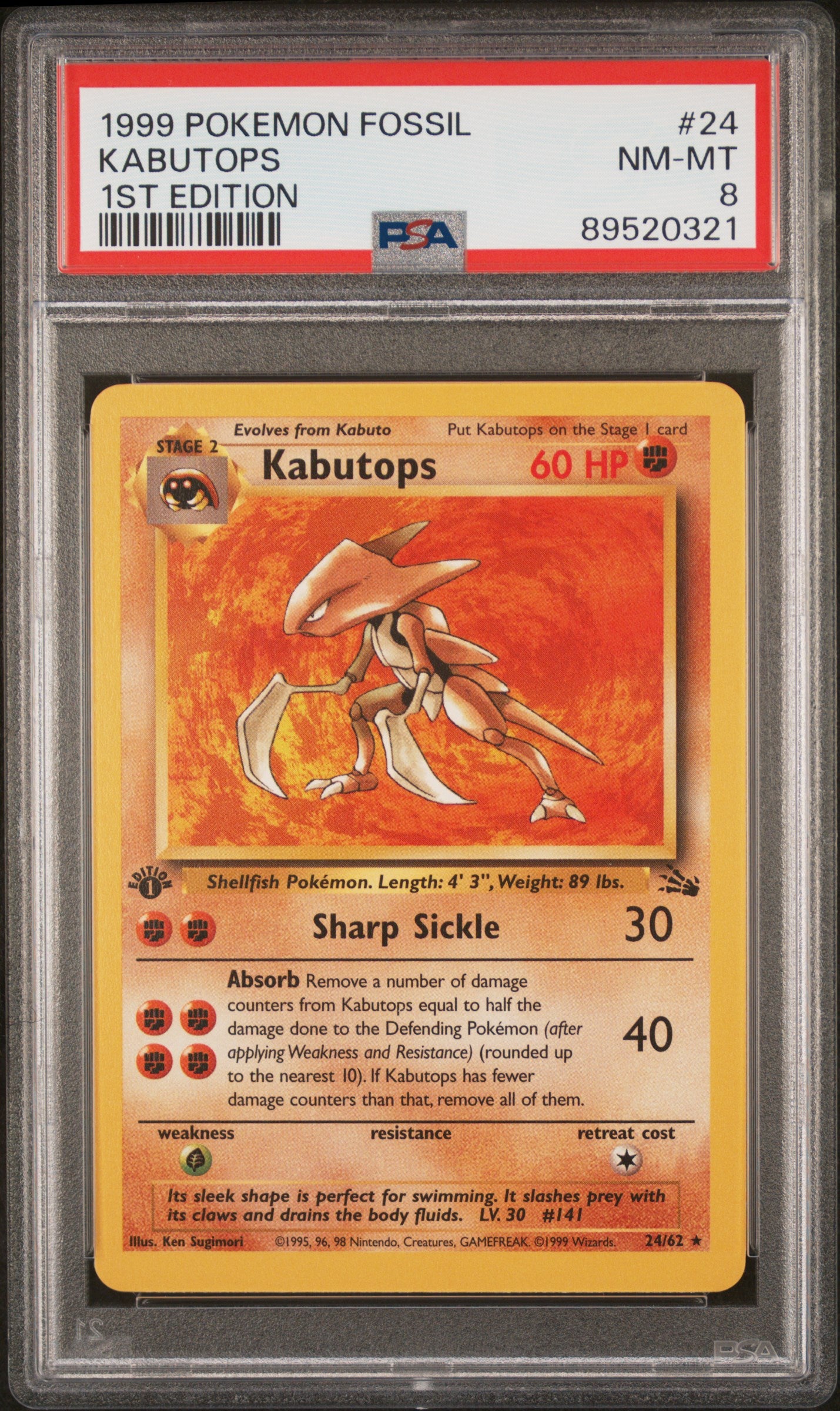 1999 Pokemon Fossil Kabutops #24 1st Edition PSA 8