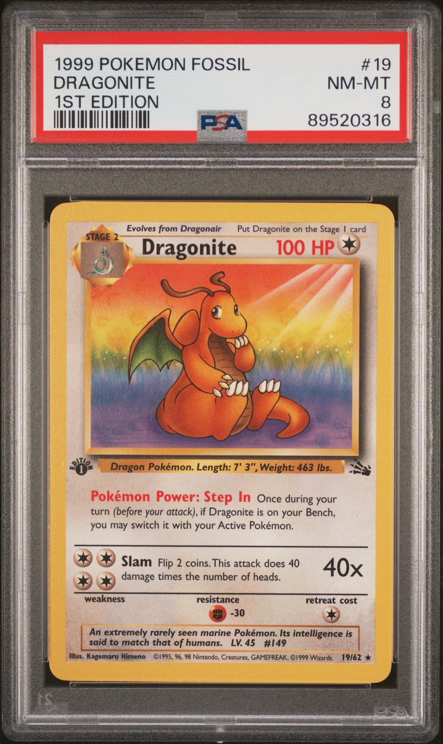 1999 Pokemon Fossil Dragonite #19 1st Edition PSA 8