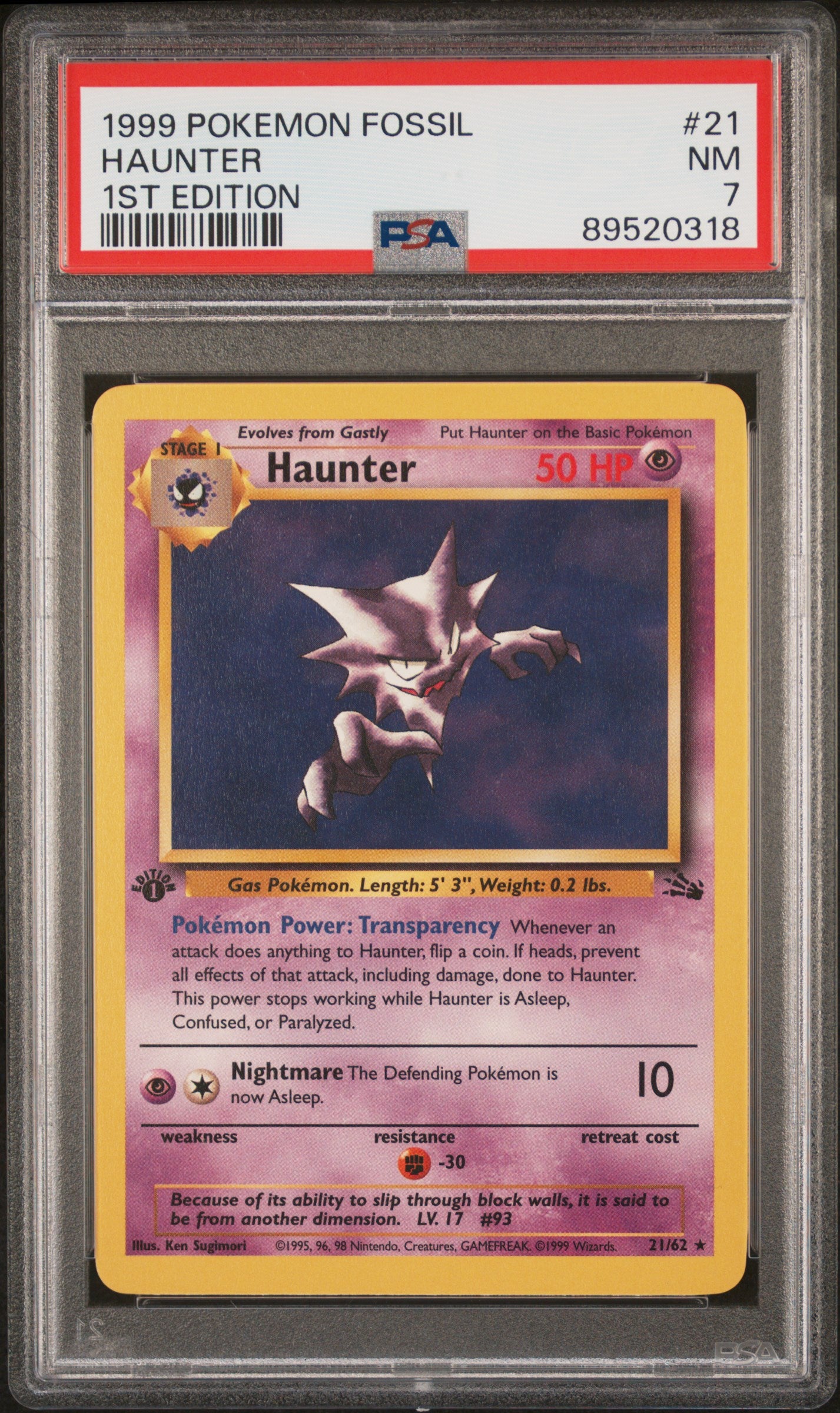 1999 Pokemon Fossil Haunter #21 1st Edition PSA 7