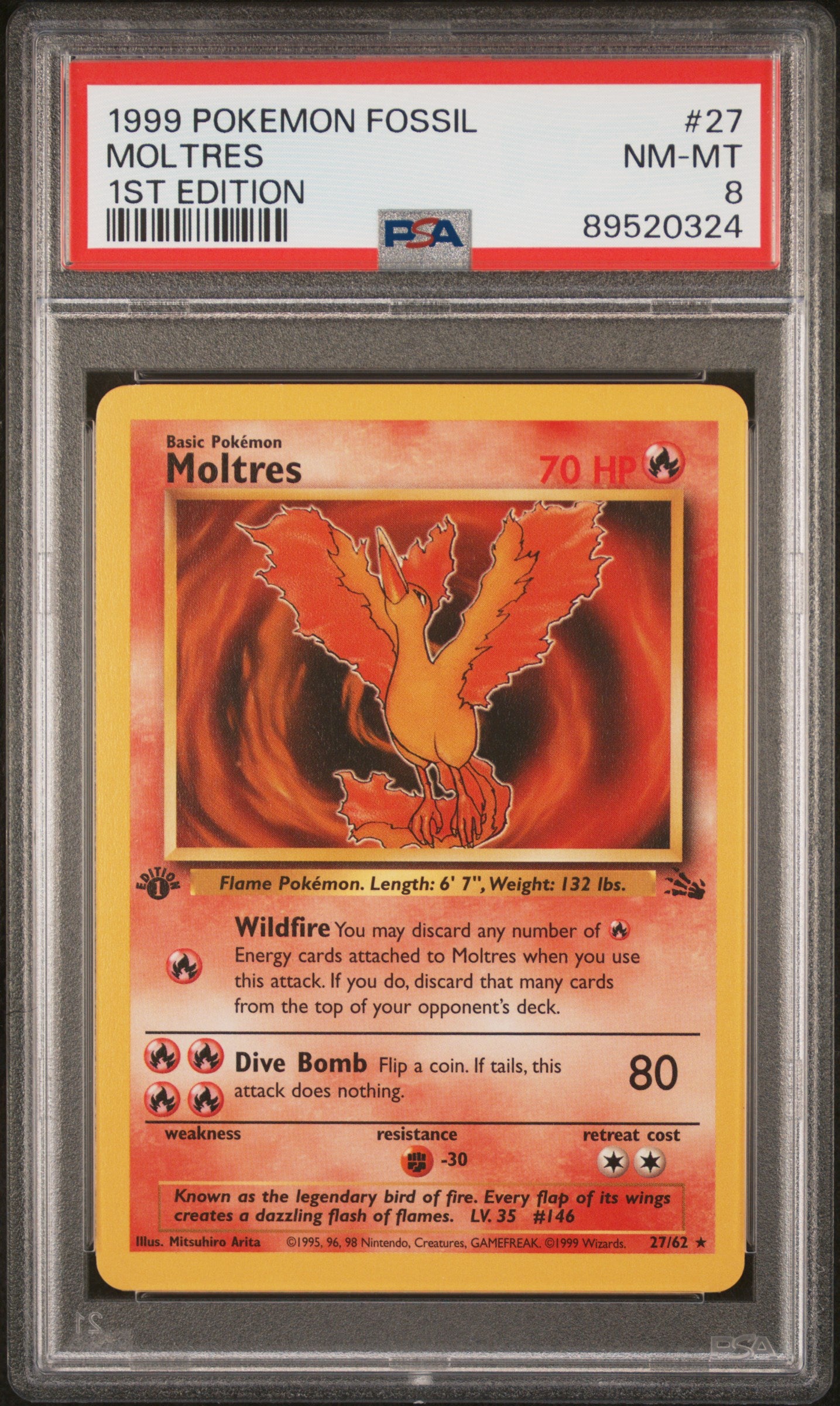 1999 Pokemon Fossil Moltres #27 1st Edition PSA 8