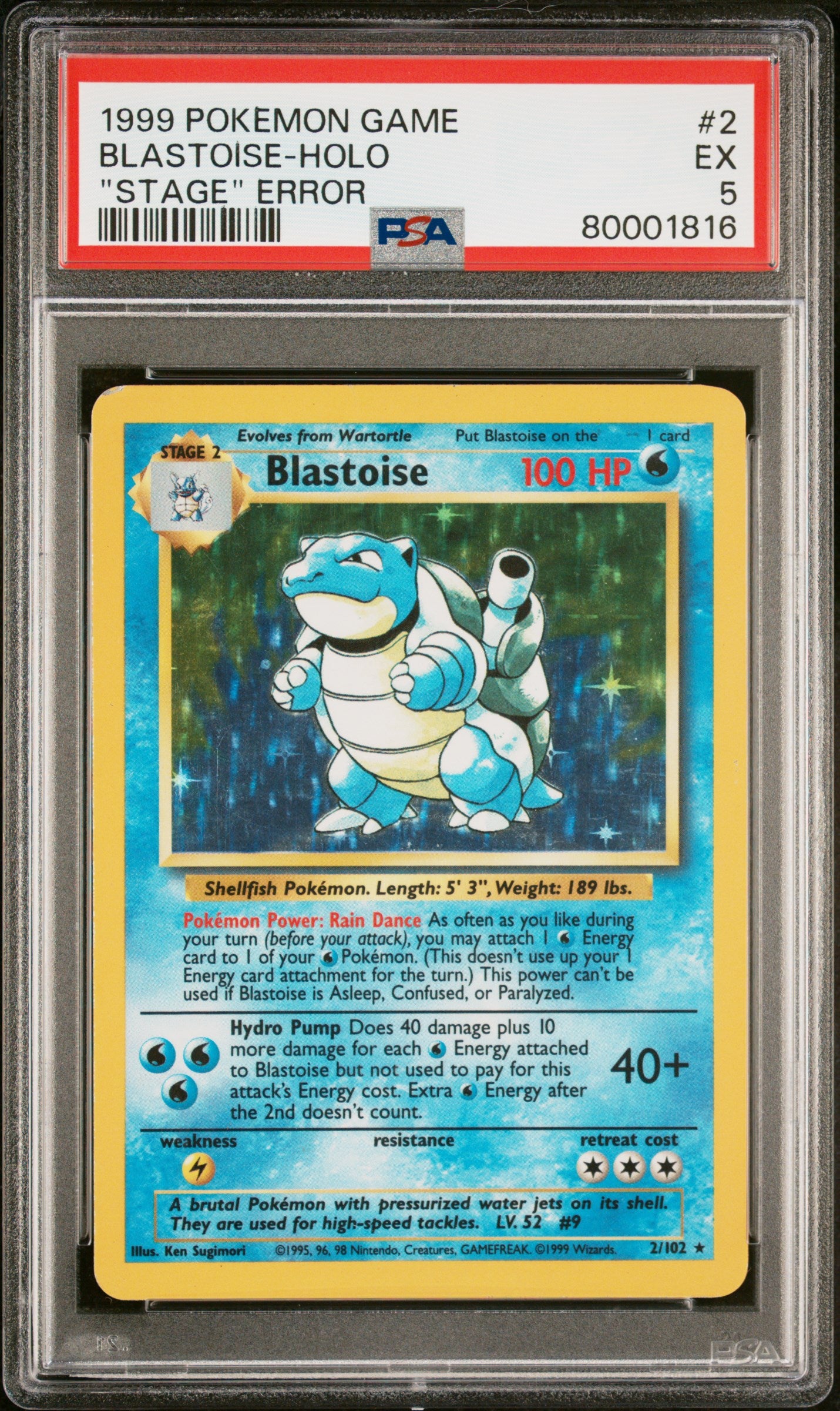 1999 Pokemon Game Blastoise Holo #2 Stage Error PSA 5