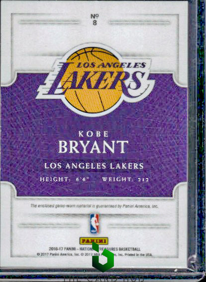 2016-17 Panini National Treasures #8 Kobe Bryant Game Gear #/99