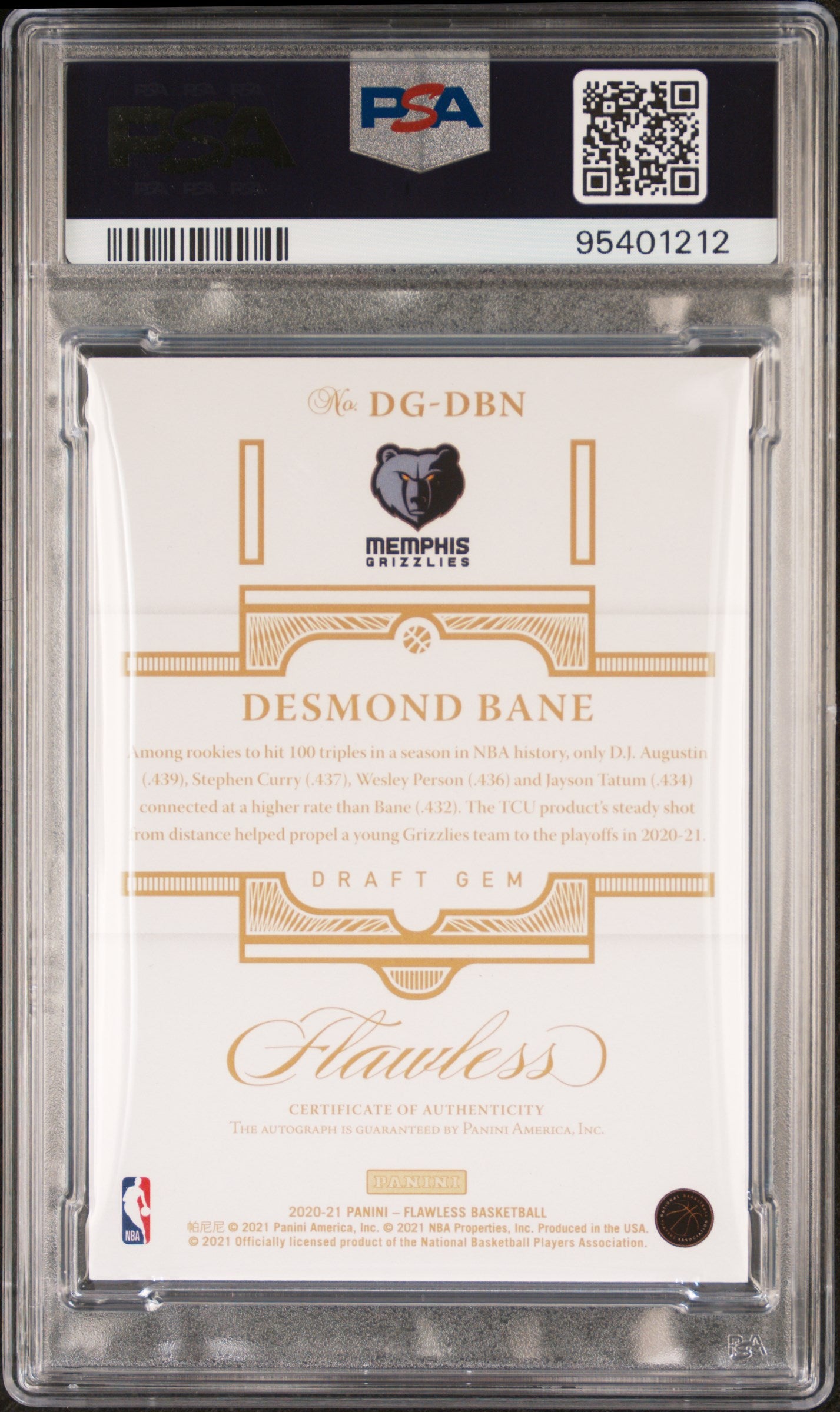 2020 Panini Flawless Draft Gem Signatures #DGDBN Desmond Bane Gold PSA 8