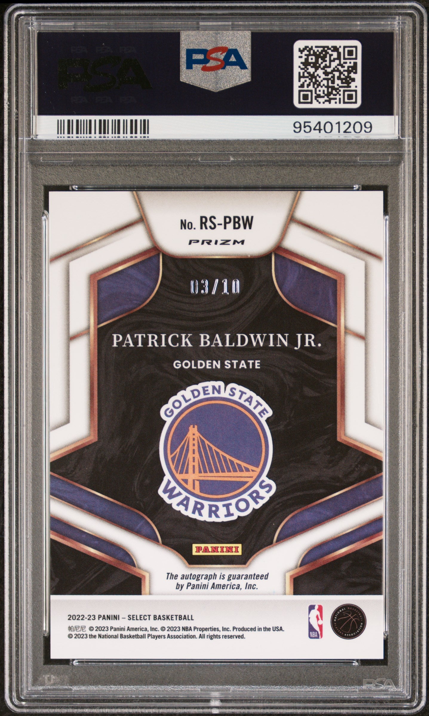 2022 Panini Select Rookie Signatures #RSPBW Patrick Baldwin Jr. Gold PSA 9