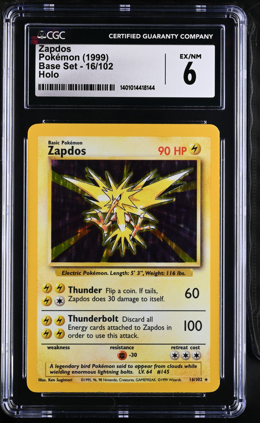 1999 Base Set - Unlimited Zapdos #16/102 Holo,Rare CGC 6