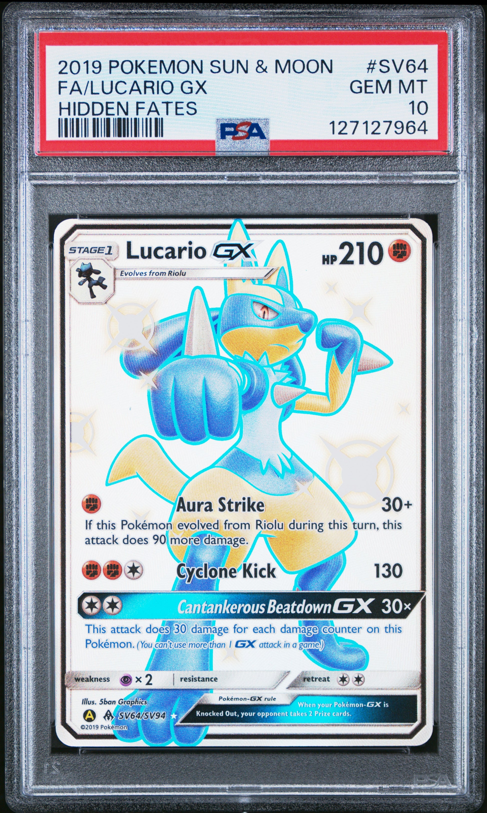 2019 Pokemon Sun & Moon Hidden Fates Fa/Lucario Gx #SV64 PSA 10