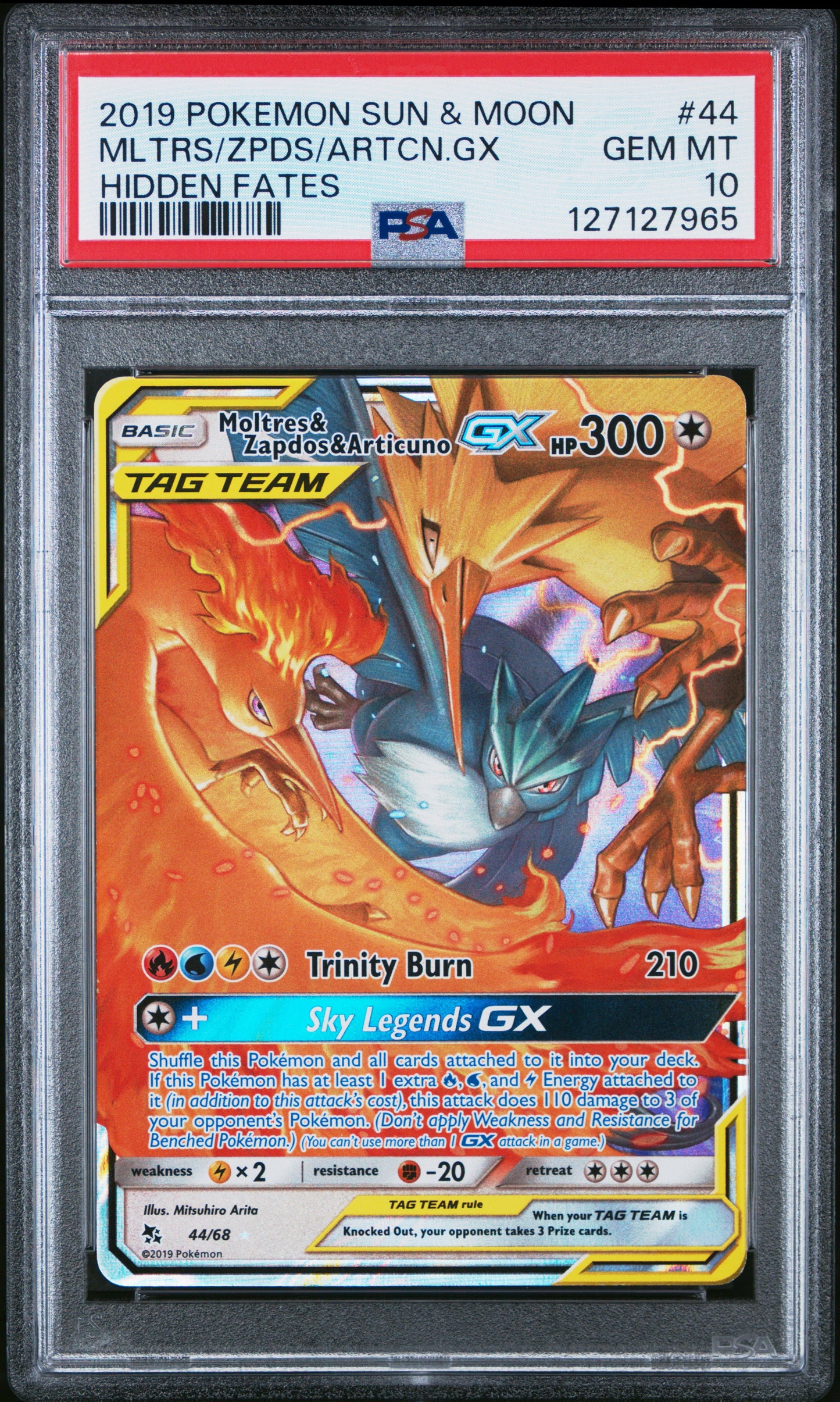 2019 Pokemon Sun & Moon Hidden Fates Mltrs/Zpds/Artcn.Gx #44 PSA 10