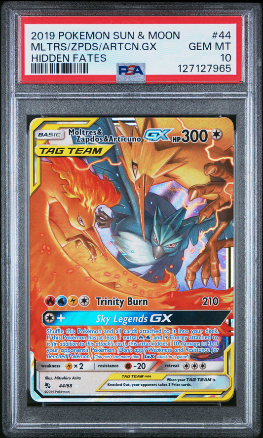 2019 Pokemon Sun & Moon Hidden Fates Mltrs/Zpds/Artcn.Gx #44 PSA 10