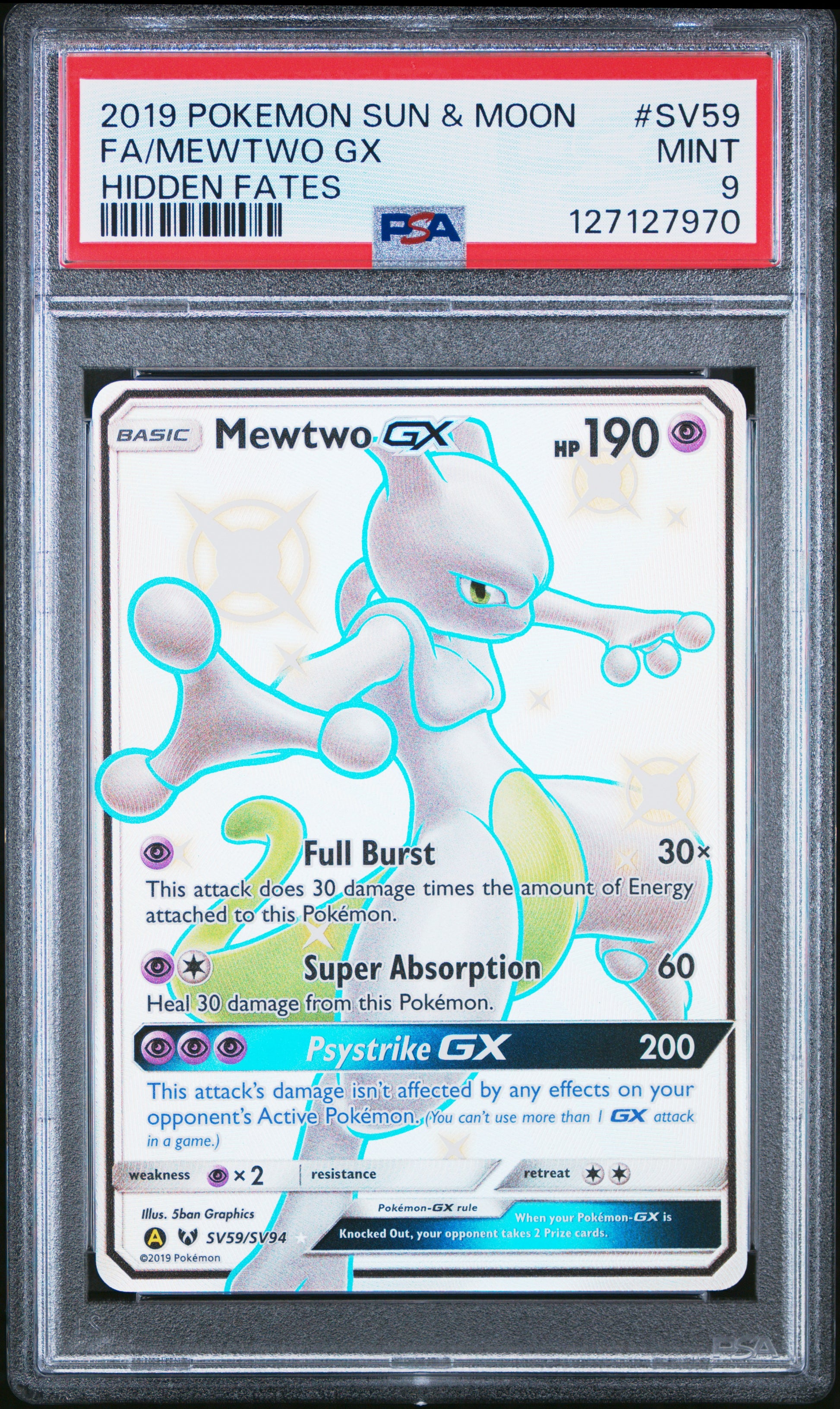 2019 Pokemon Sun & Moon Hidden Fates Fa/Mewtwo Gx #SV59 PSA 9
