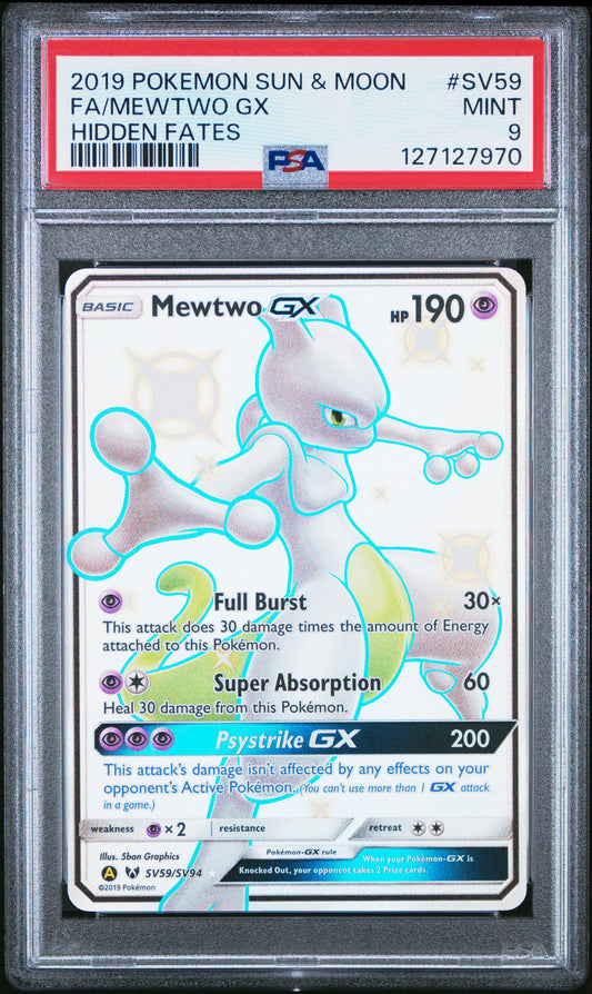2019 Pokemon Sun & Moon Hidden Fates Fa/Mewtwo Gx #SV59 PSA 9