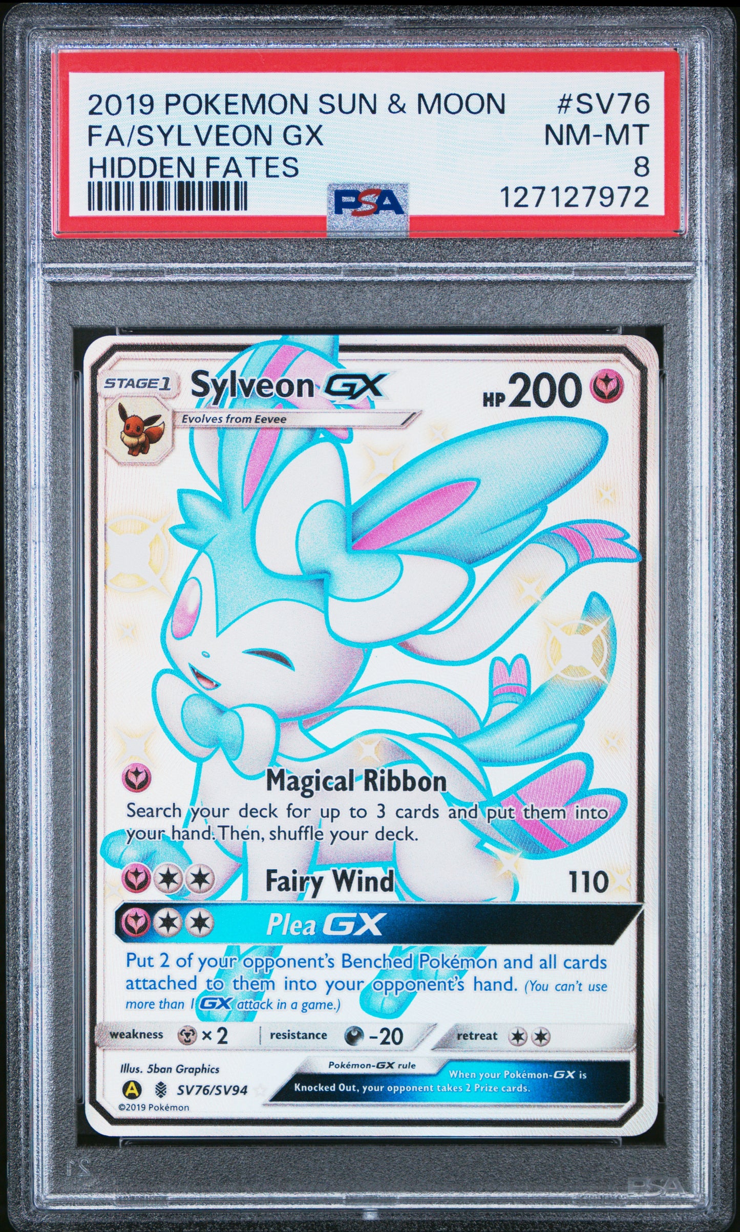 2019 Pokemon Sun & Moon Hidden Fates Fa/Sylveon Gx #SV76 PSA 8