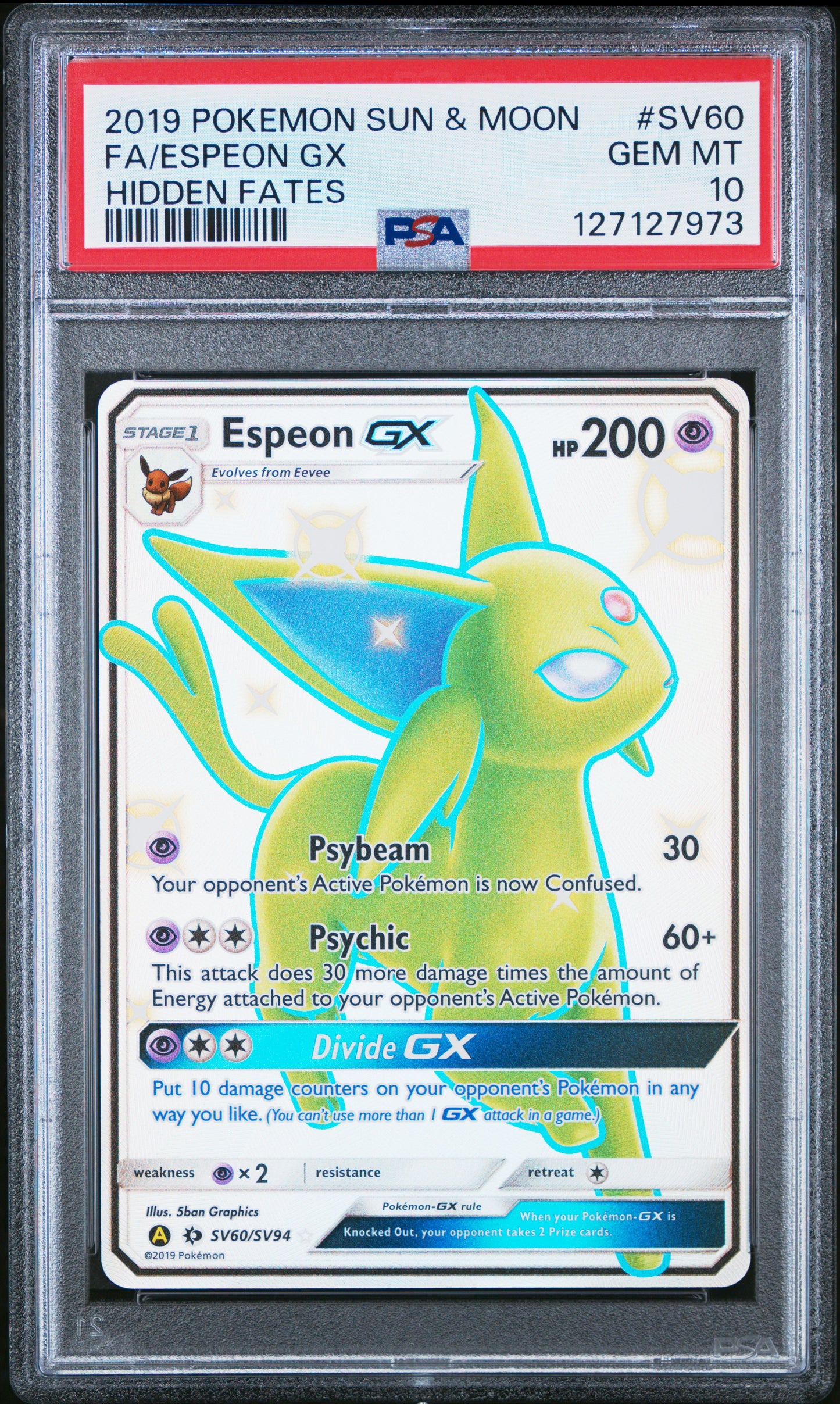2019 Pokemon Sun & Moon Hidden Fates Fa/Espeon Gx #SV60 PSA 10