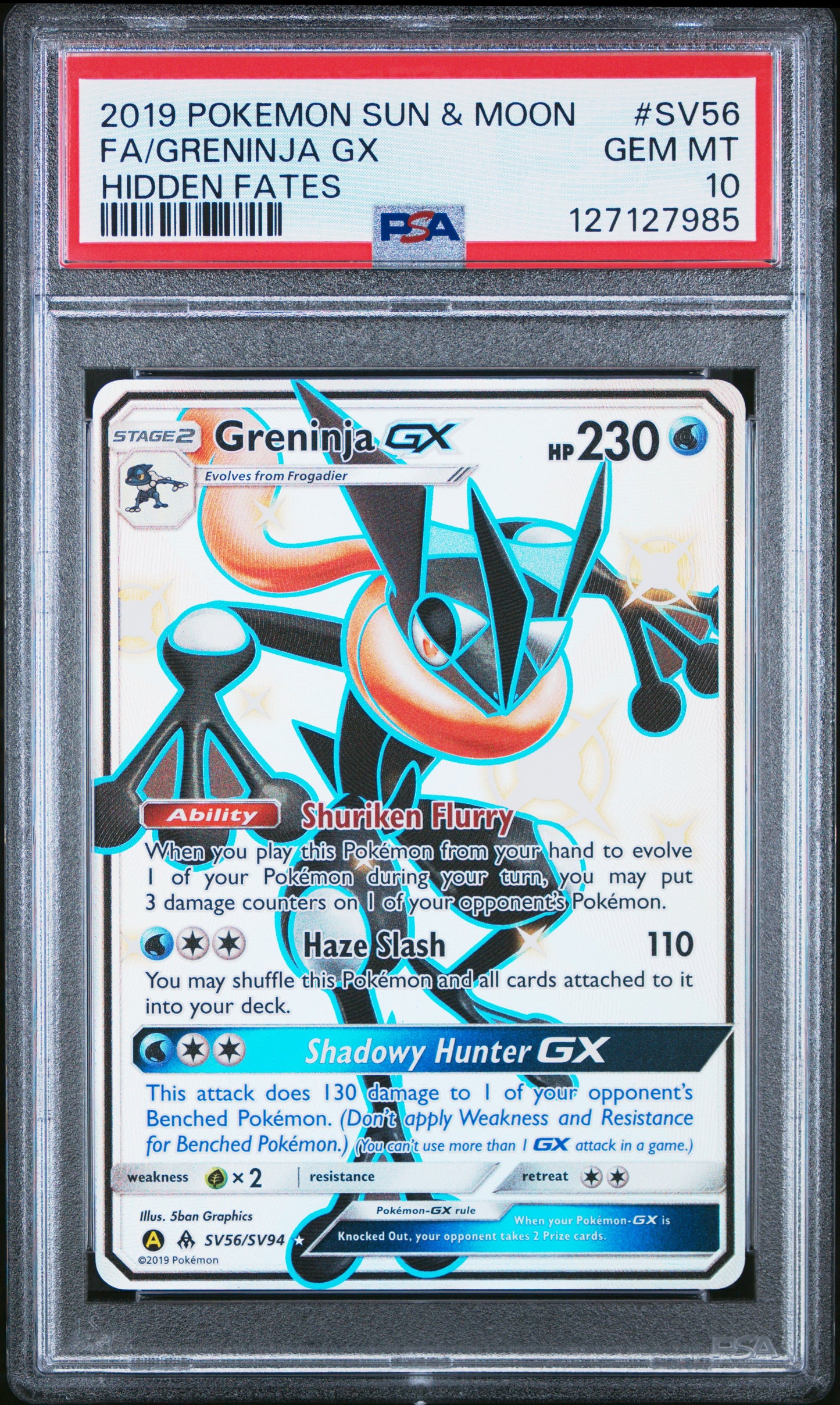 2019 Pokemon Sun & Moon Hidden Fates Fa/Greninja Gx #SV56 PSA 10