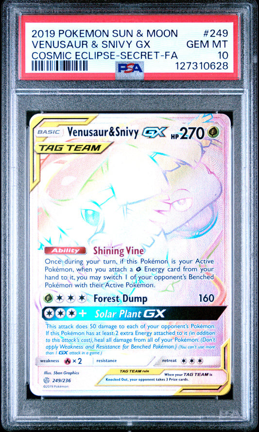 2019 Pokemon Sun & Moon Cosmic Eclipse Venusaur & Snivy Gx #249 PSA 10