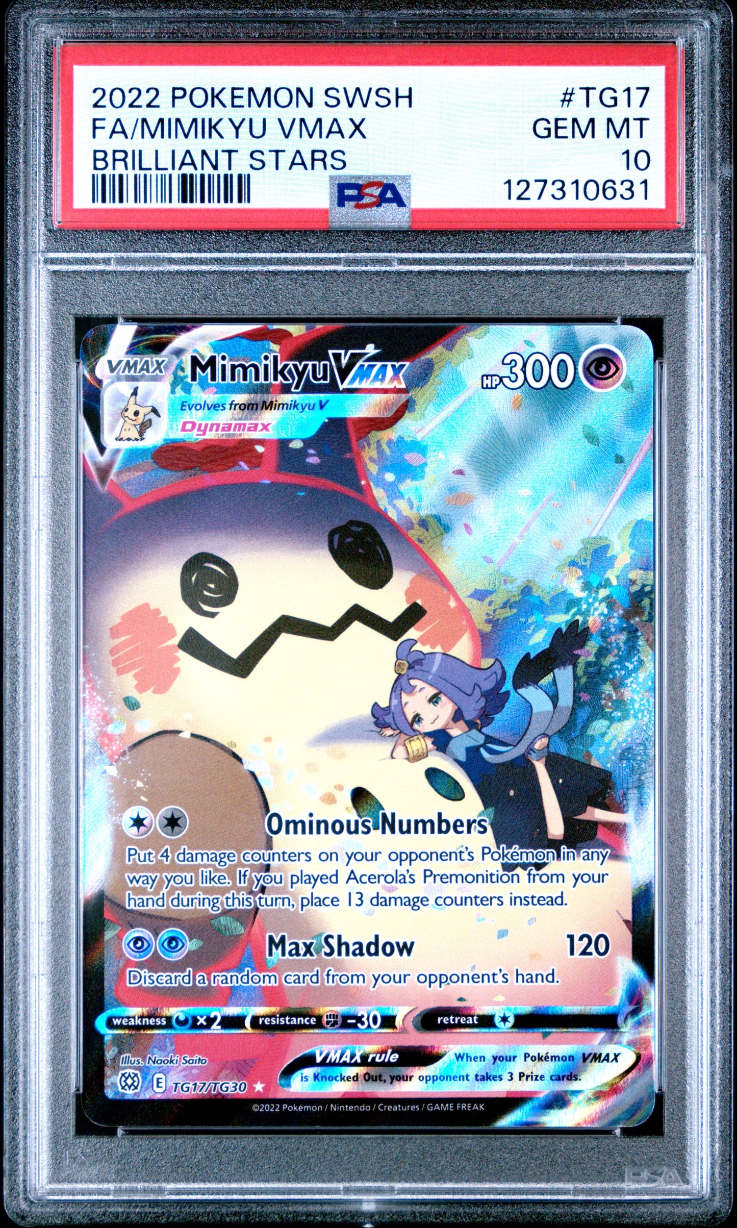 2022 Pokemon Sword & Shield Brilliant Stars Fa/Mimikyu Vmax #TG17 PSA 10