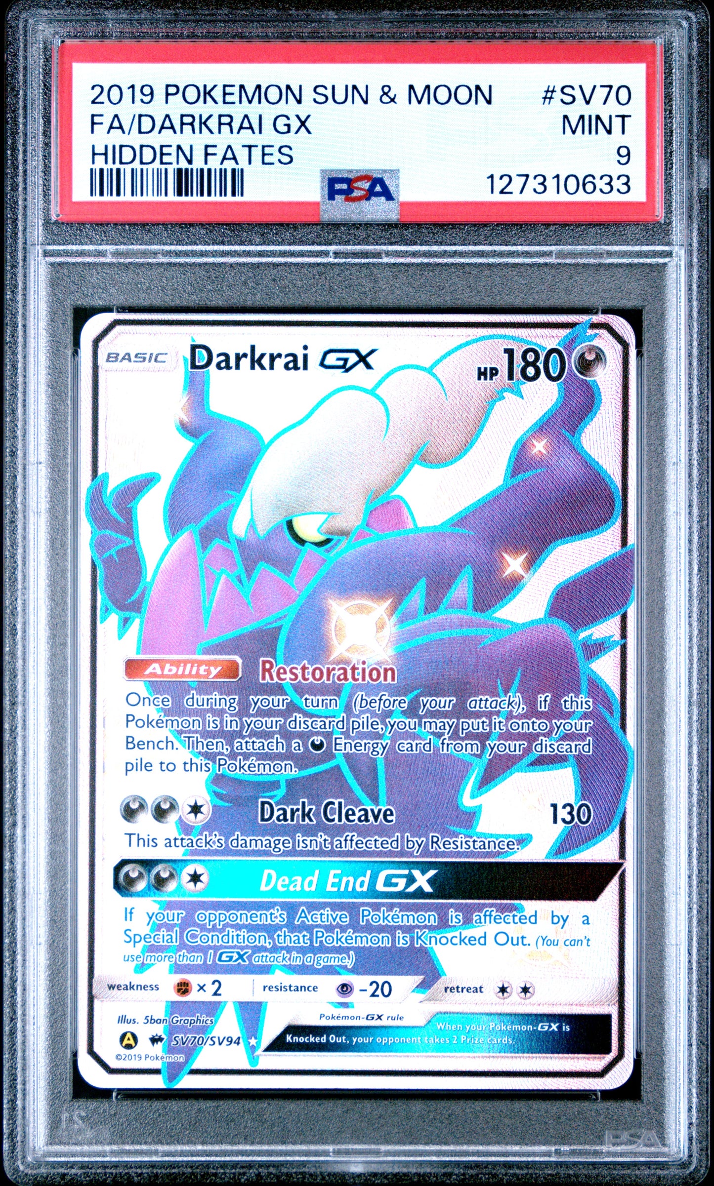 2019 Pokemon Sun & Moon Hidden Fates Fa/Darkrai Gx #SV70 PSA 9
