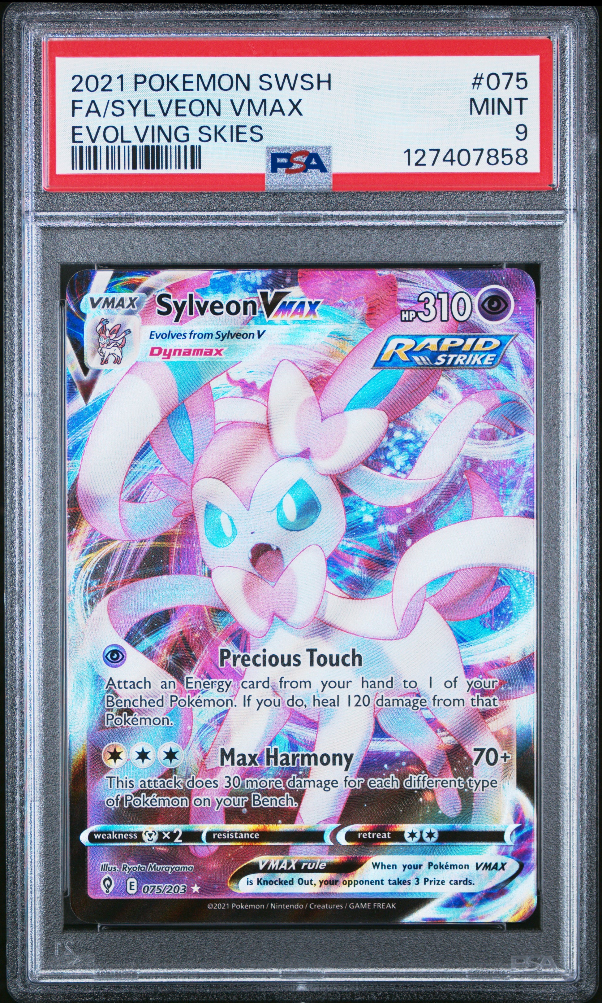 2021 Pokemon Sword & Shield Evolving Skies Fa/Sylveon Vmax #075 PSA 9