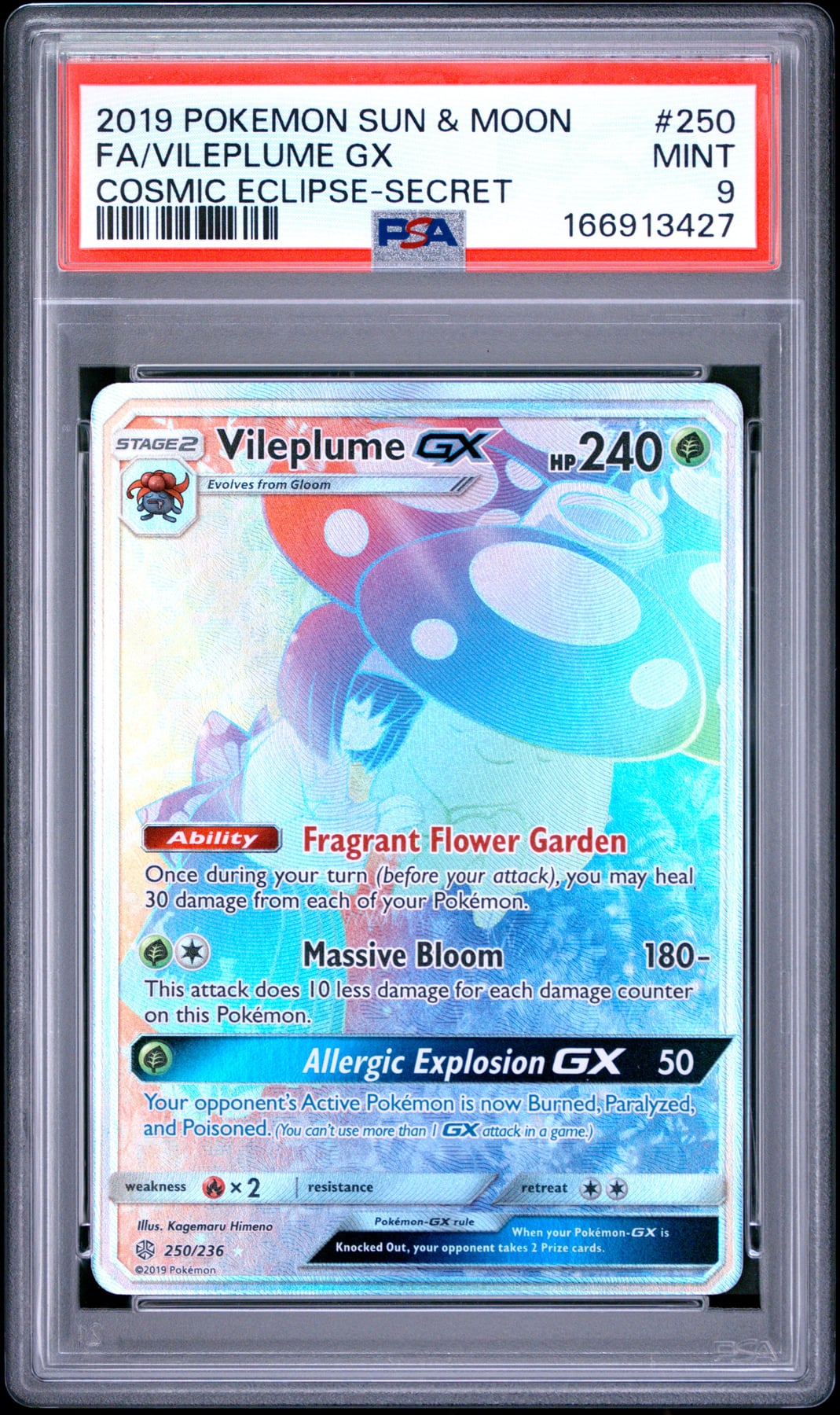 2019 Pokemon Sun & Moon Cosmic Eclipse Fa/Vileplume Gx #250 PSA 9