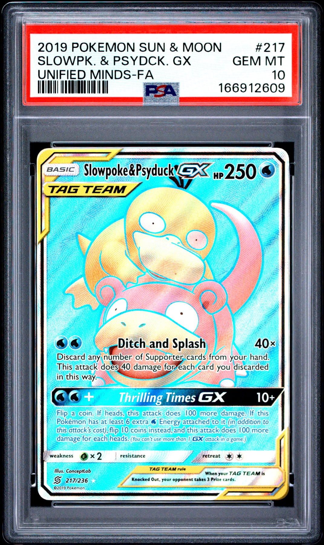 2019 Pokemon Sun & Moon Unified Minds Slowpk. & Psydck. Gx #217 PSA 10