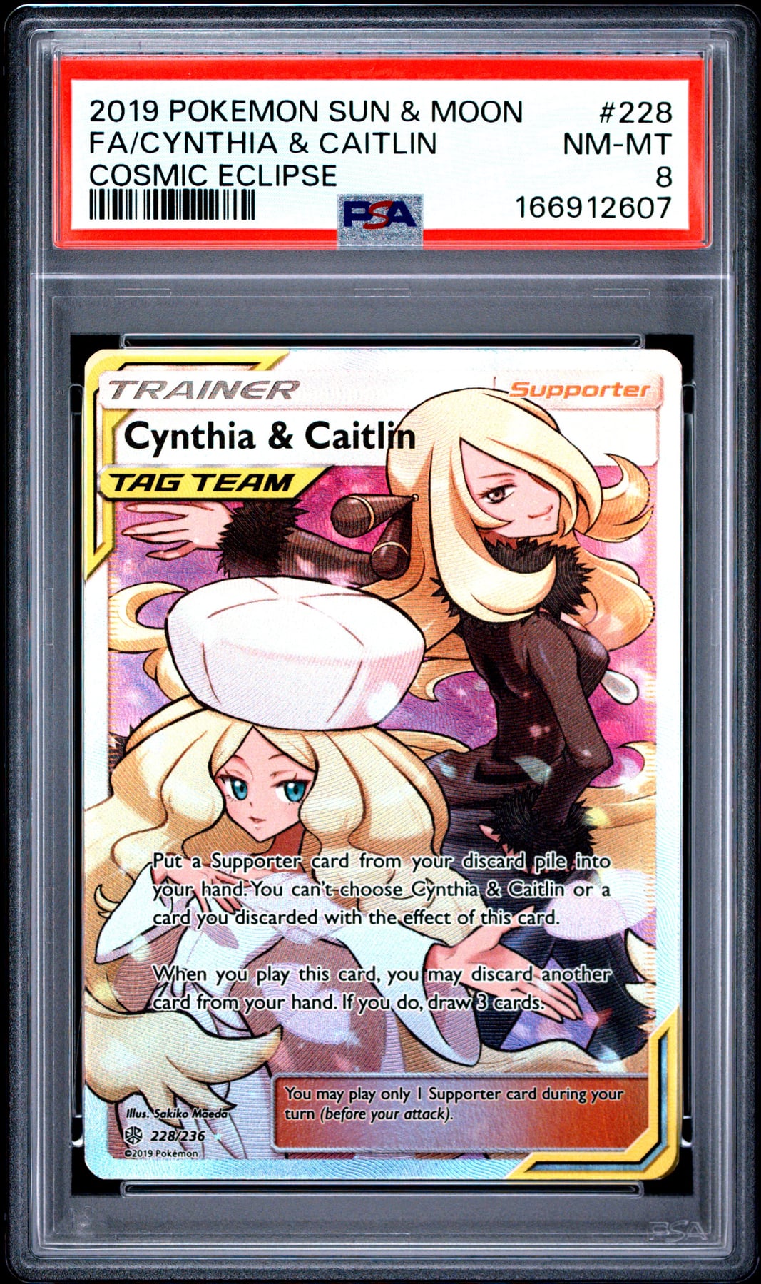 2019 Pokemon Sun & Moon Cosmic Eclipse Fa/Cynthia & Caitlin #228 PSA 8