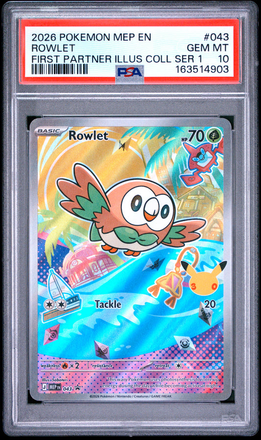 2026 Pokemon Mep En-Me Black Star Promo Rowlet #043 PSA 10