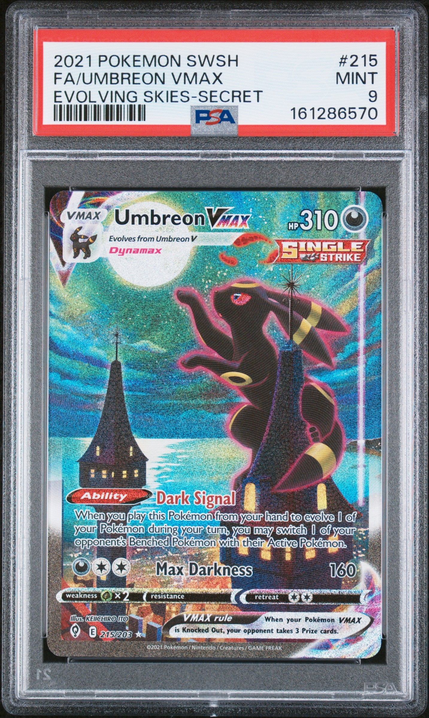 2021 Pokemon Sword & Shield Evolving Skies Fa/Umbreon Vmax #215 PSA 9