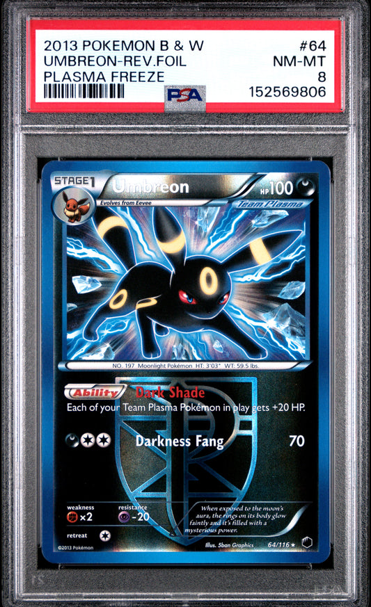 2013 Pokemon Black & White Plasma Freeze Umbreon-Rev.Foil #64 PSA 8