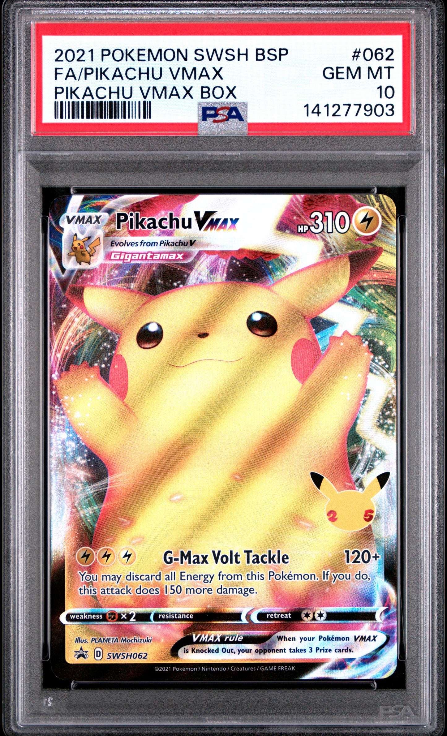 2021 Pokemon Swsh Black Star Promo Fa/Pikachu Vmax #062 PSA 10