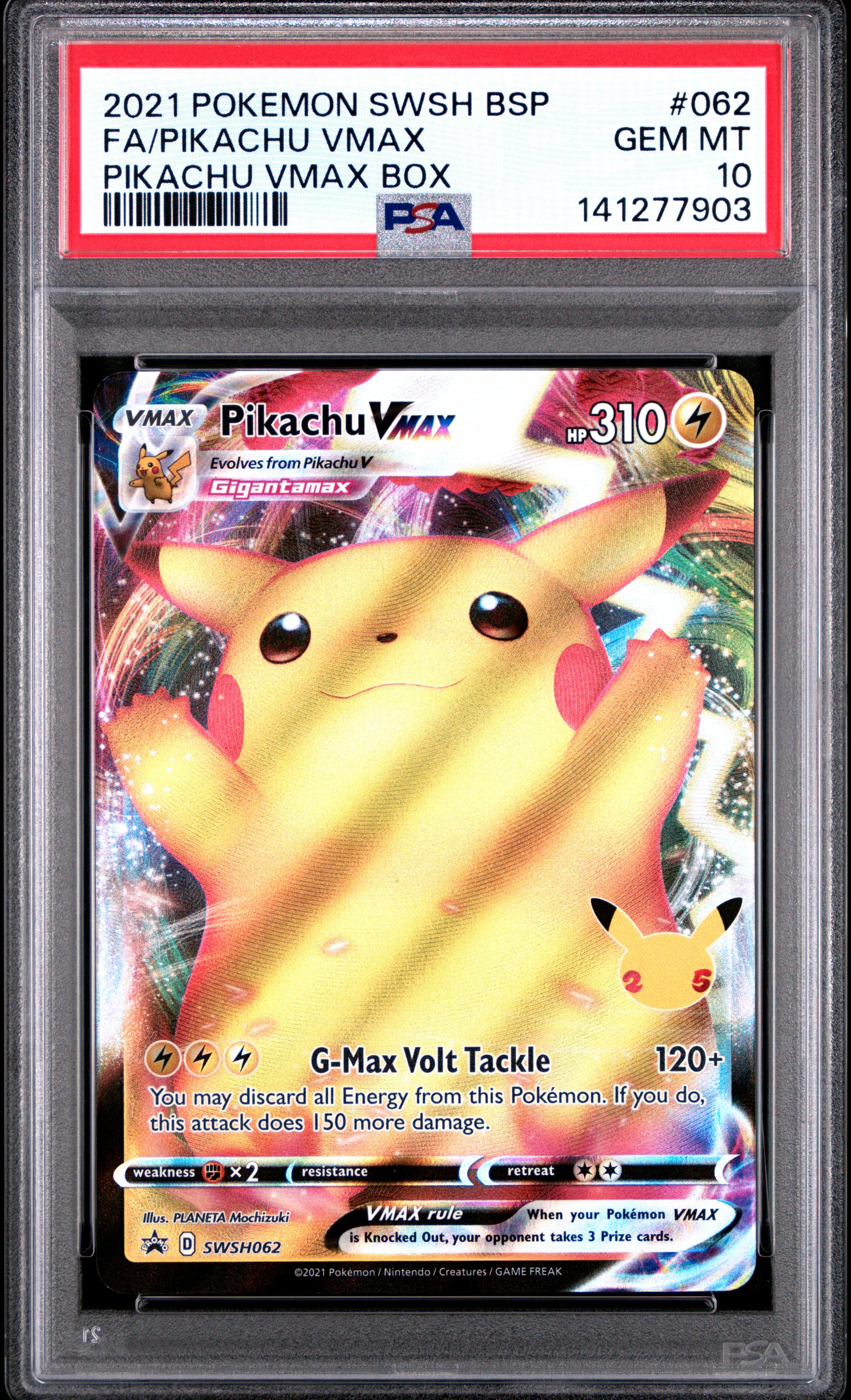 2021 Pokemon Swsh Black Star Promo Fa/Pikachu Vmax #062 PSA 10