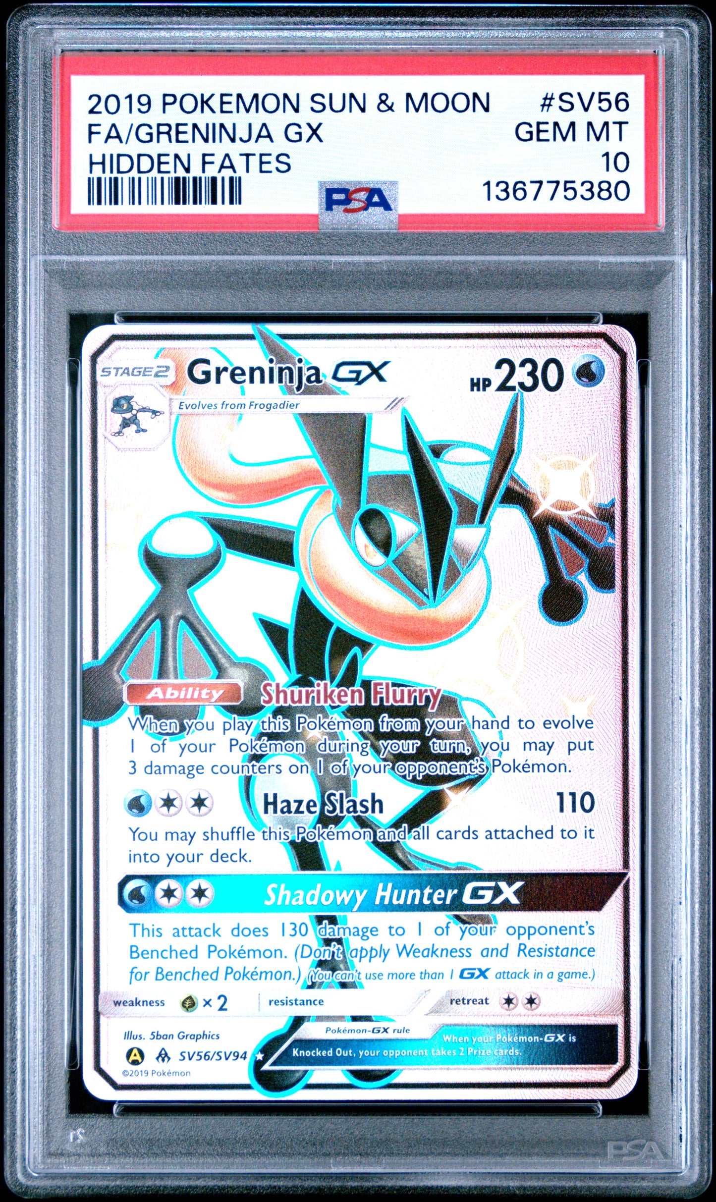 2019 Pokemon Sun & Moon Hidden Fates Fa/Greninja Gx #SV56 PSA 10