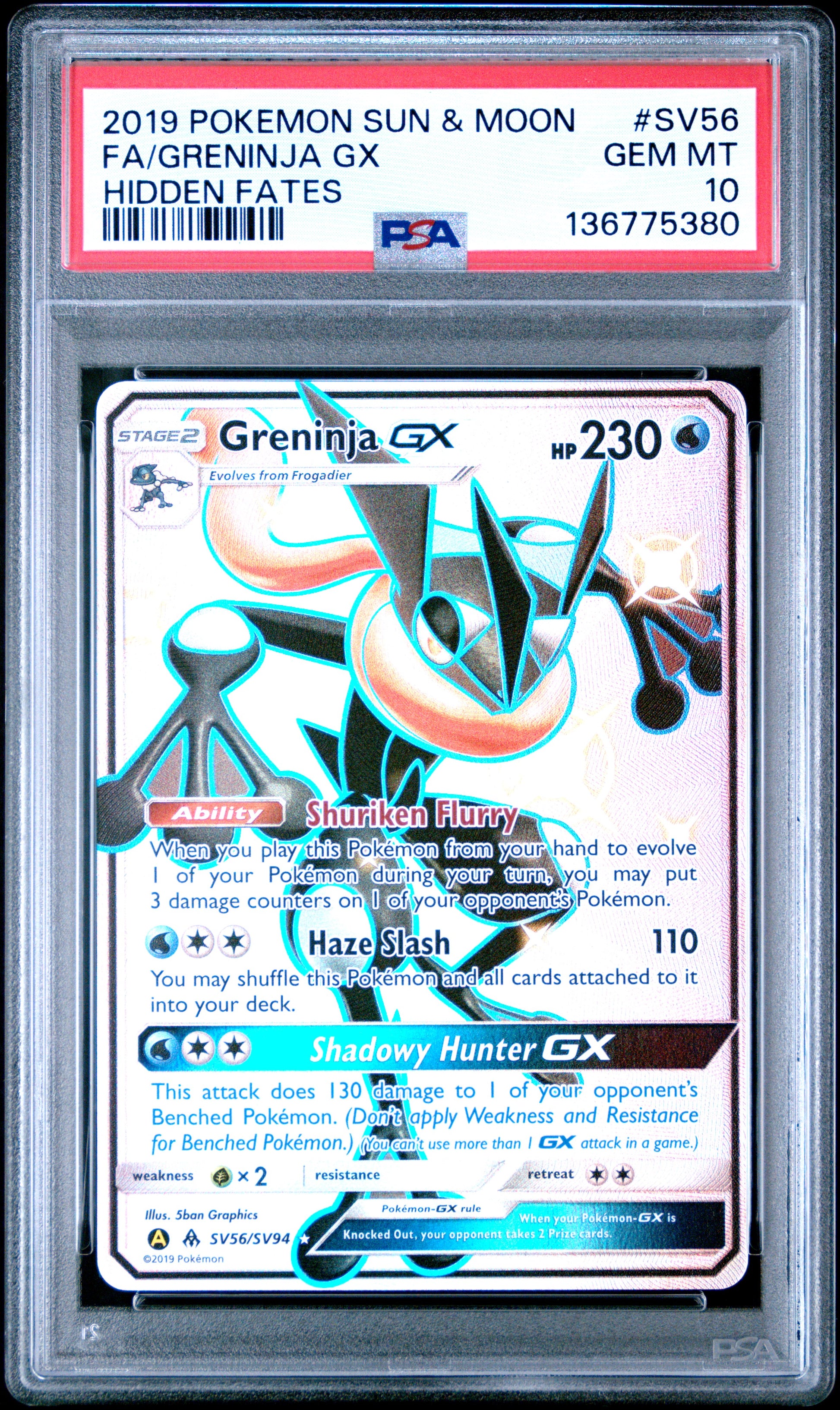 2019 Pokemon Sun & Moon Hidden Fates Fa/Greninja Gx #SV56 PSA 10