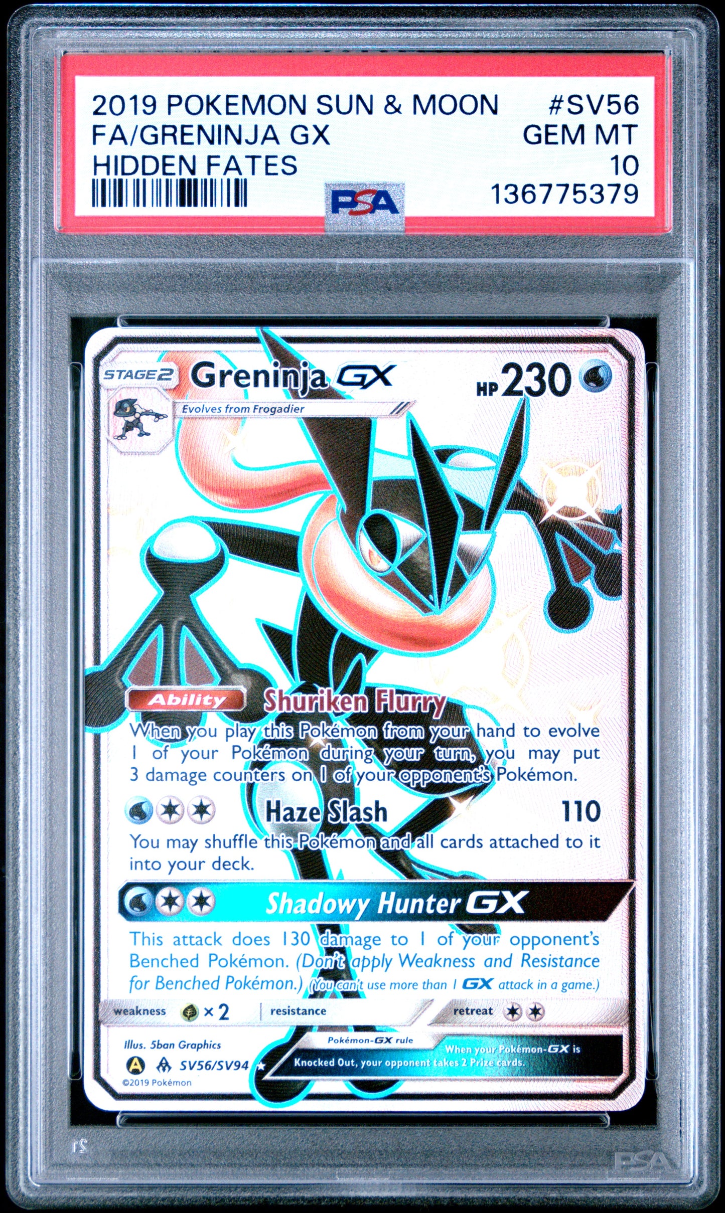 2019 Pokemon Sun & Moon Hidden Fates Fa/Greninja Gx #SV56 PSA 10