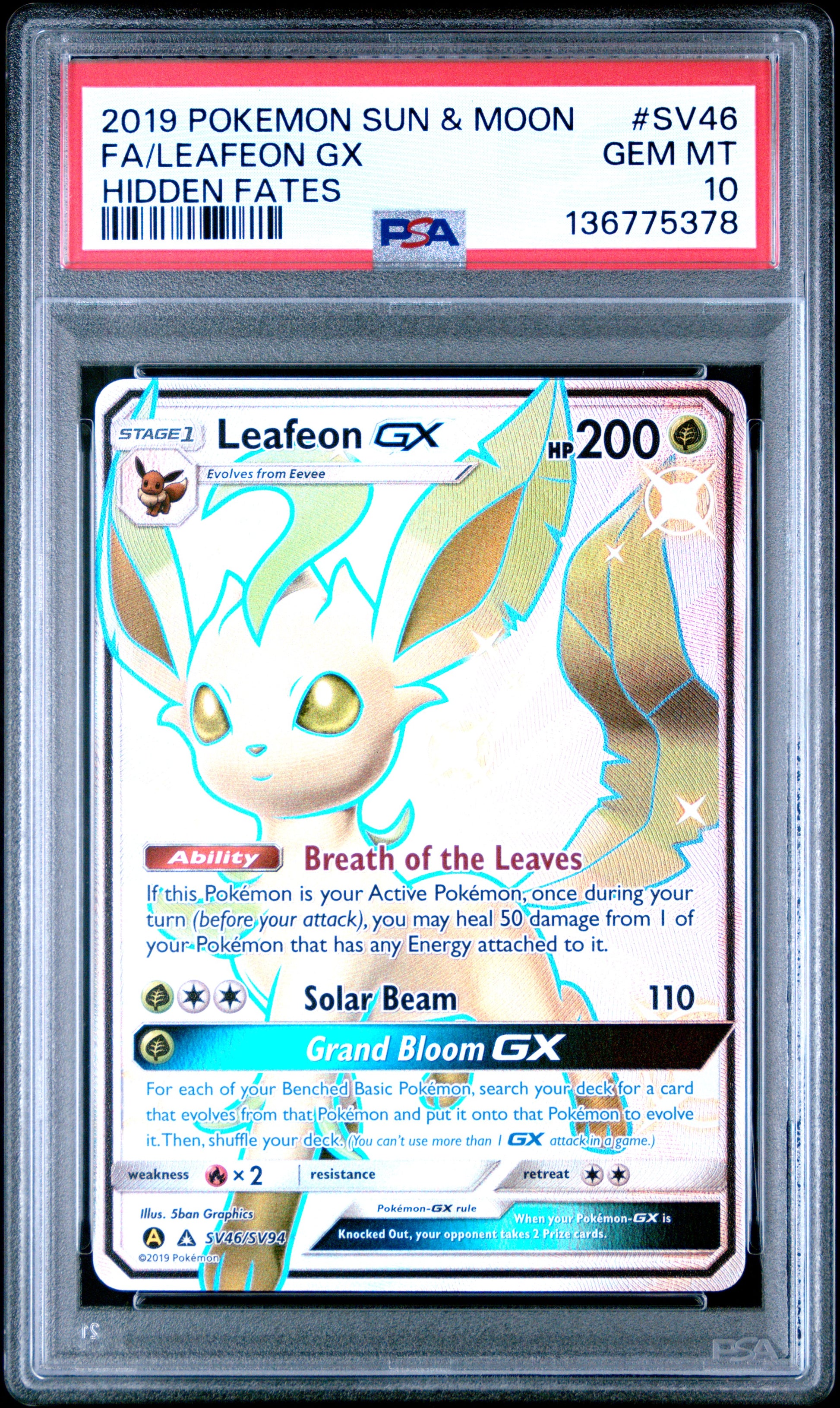 2019 Pokemon Sun & Moon Hidden Fates Fa/Leafeon Gx #SV46 PSA 10