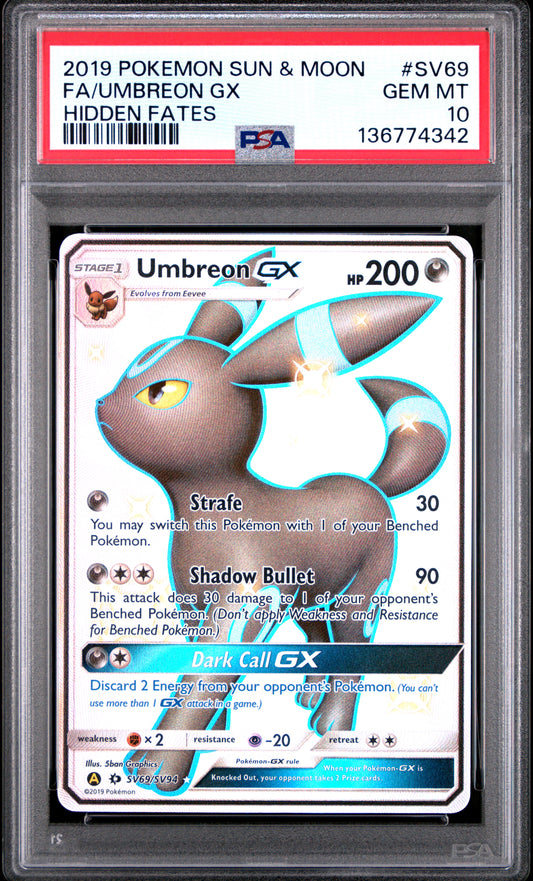 2019 Pokemon Sun & Moon Hidden Fates Fa/Umbreon Gx #SV69 PSA 10