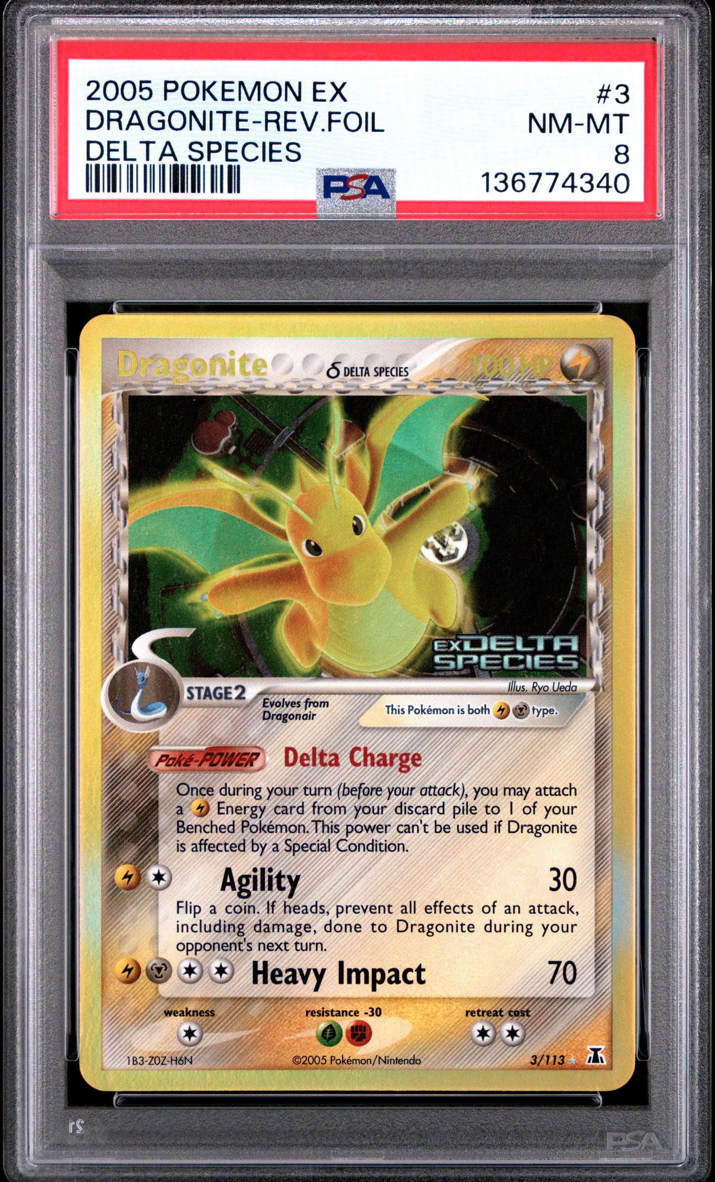 2005 Pokemon Ex Delta Species Dragonite-Rev.Foil #3 PSA 8
