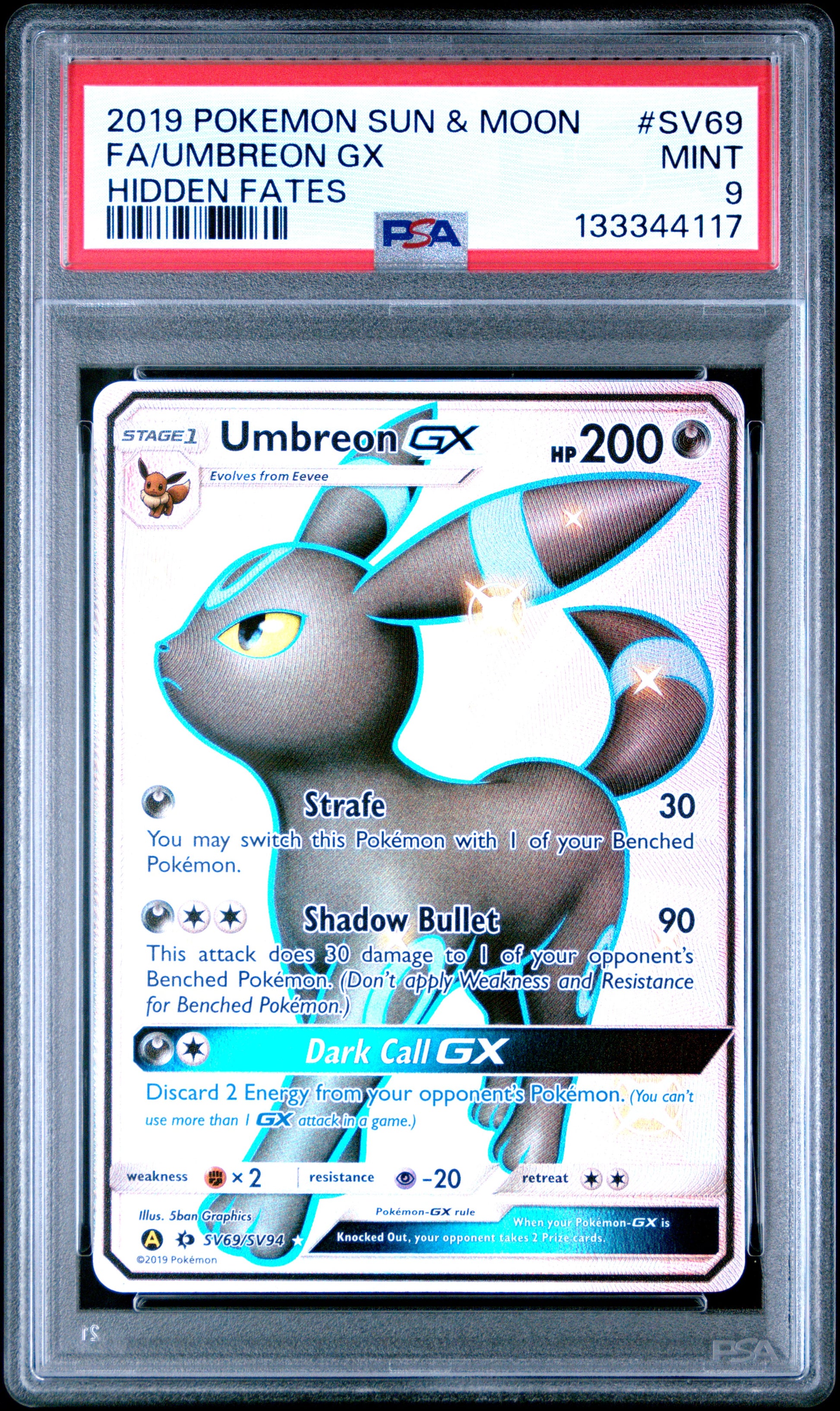 2019 Pokemon Sun & Moon Hidden Fates Fa/Umbreon Gx #SV69 PSA 9