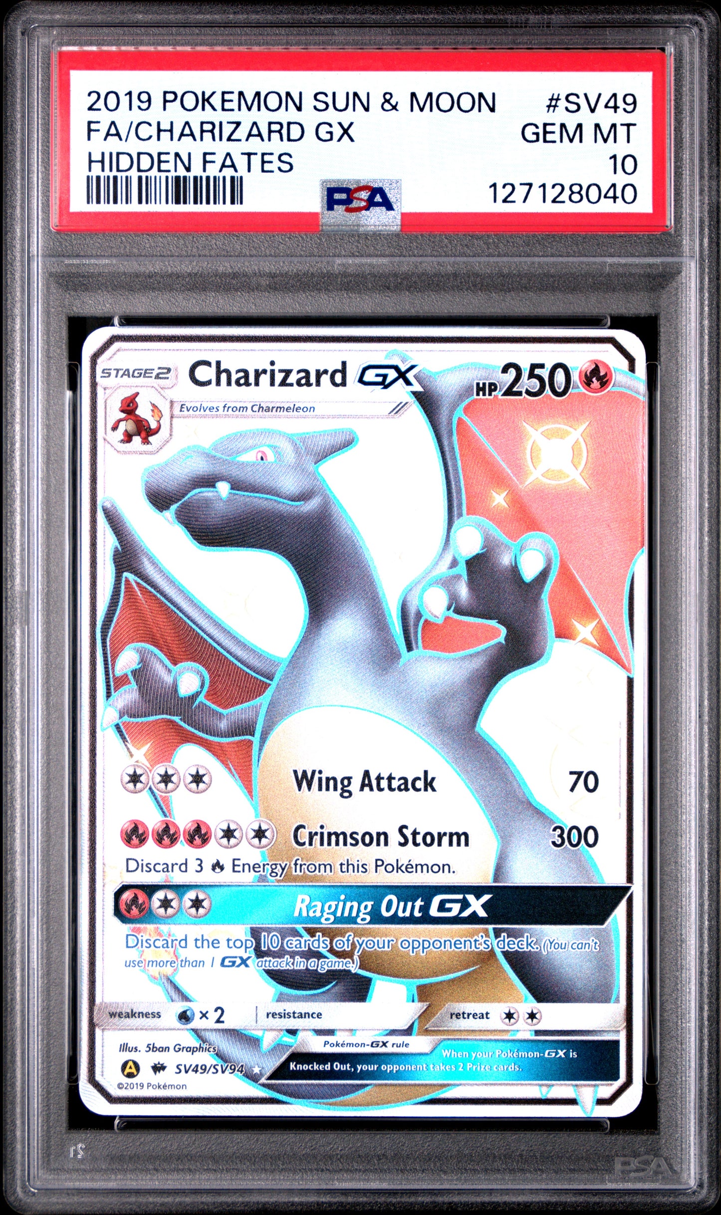 2019 Pokemon Sun & Moon Hidden Fates Fa/Charizard Gx #SV49 PSA 10