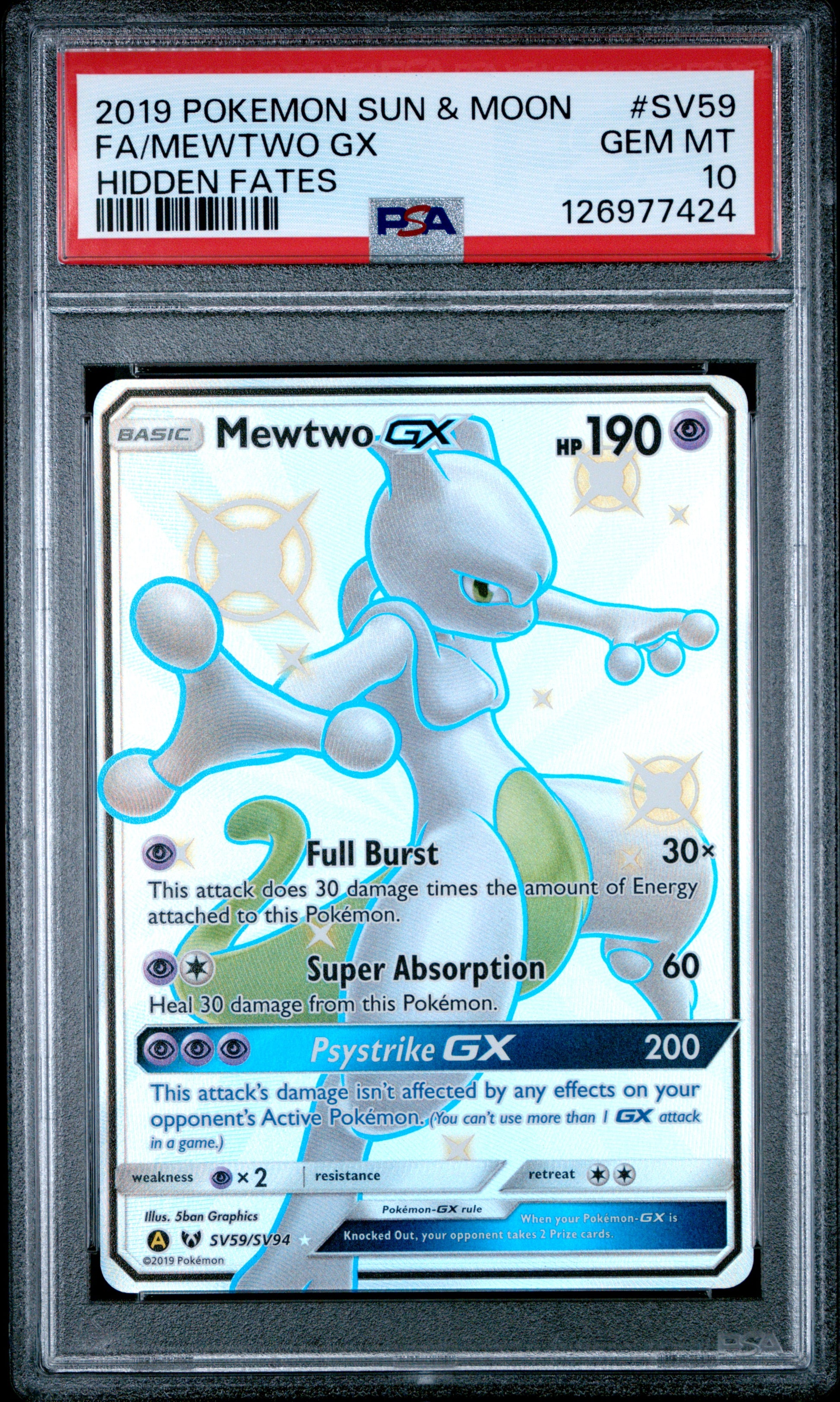 2019 Pokemon Sun & Moon Hidden Fates Fa/Mewtwo Gx #SV59 PSA 10