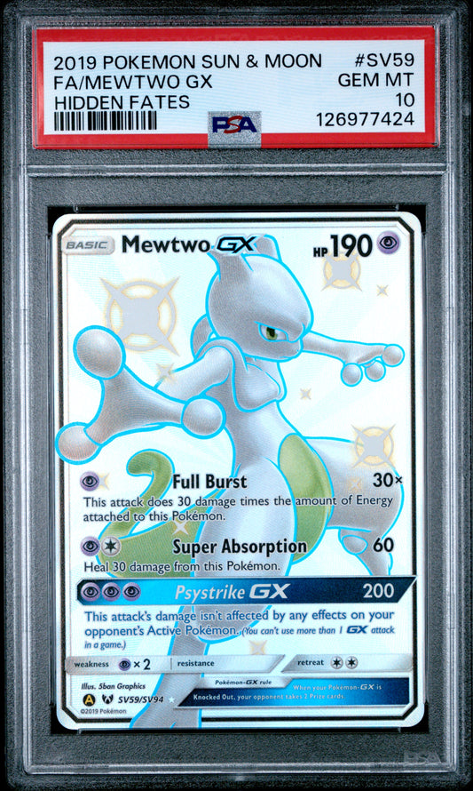 2019 Pokemon Sun & Moon Hidden Fates Fa/Mewtwo Gx #SV59 PSA 10