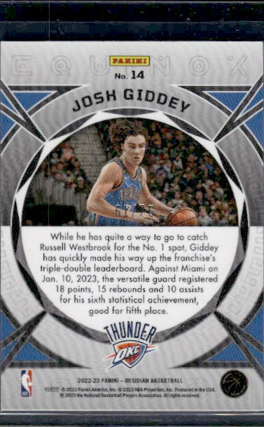 2022-23 Panini Obsidian #14 Josh Giddey Equinox Electric Etch Purple #/75