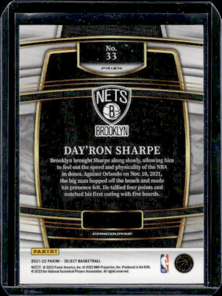 2021-22 Panini Select #33 Day'Ron Sharpe Tri-Color Prizms RC