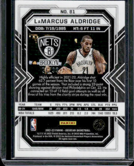 2021-22 Panini Obsidian #81 LaMarcus Aldridge Electric Etch Purple #/99