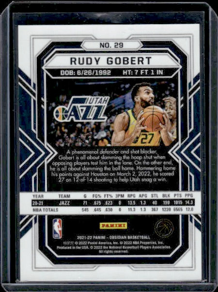 2018-19 Panini Obsidian #42 Rudy Gobert Electric Etch Orange #/25